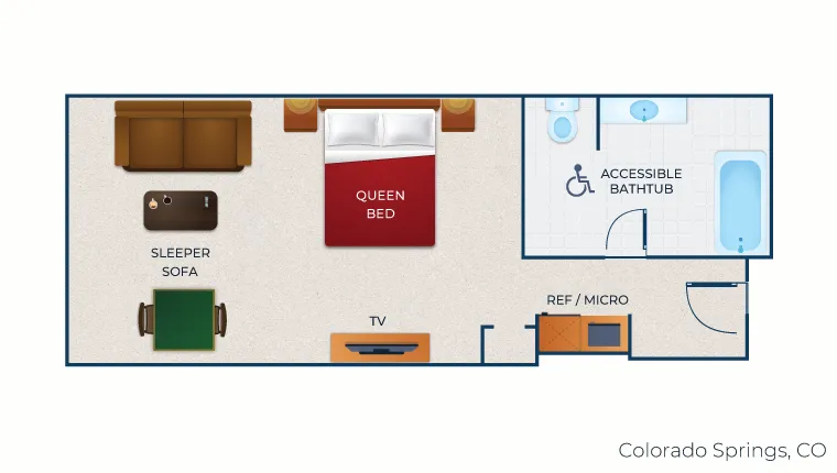 The floorplan for the accessible Queen Sofa Suite